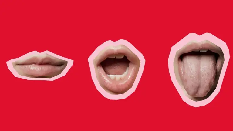Trois bouches découpées sur fond rouge : lèvres fermées, bouche ouverte et langue tirée